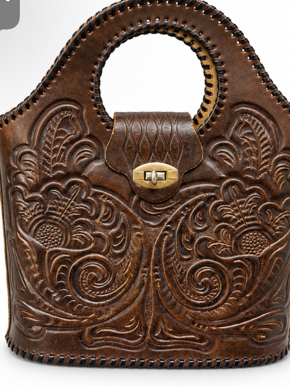 Vintage-Inspired Brown Tooled Leather Handbag
